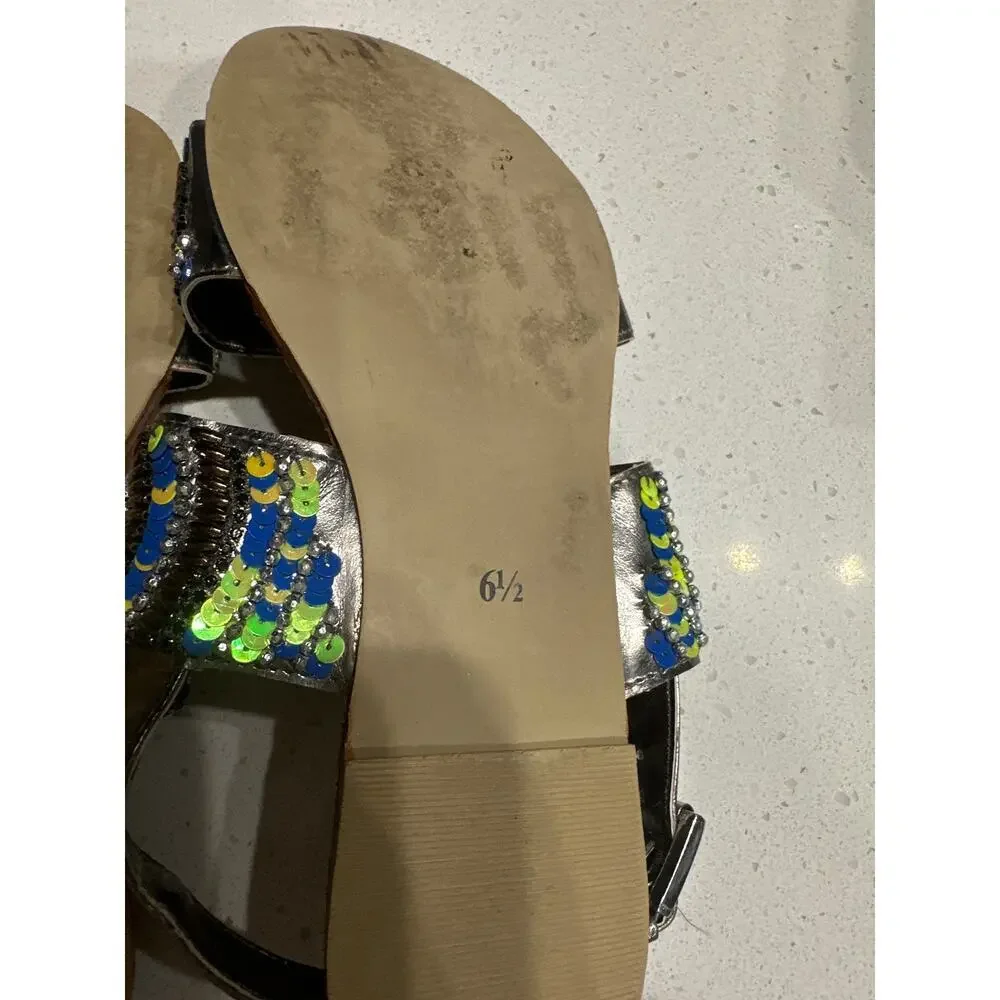 Naughty Monkey Silver Embellished Sandals Beaded Sequins Multicolor Resort 6 1/2 - Picture 9 of 10